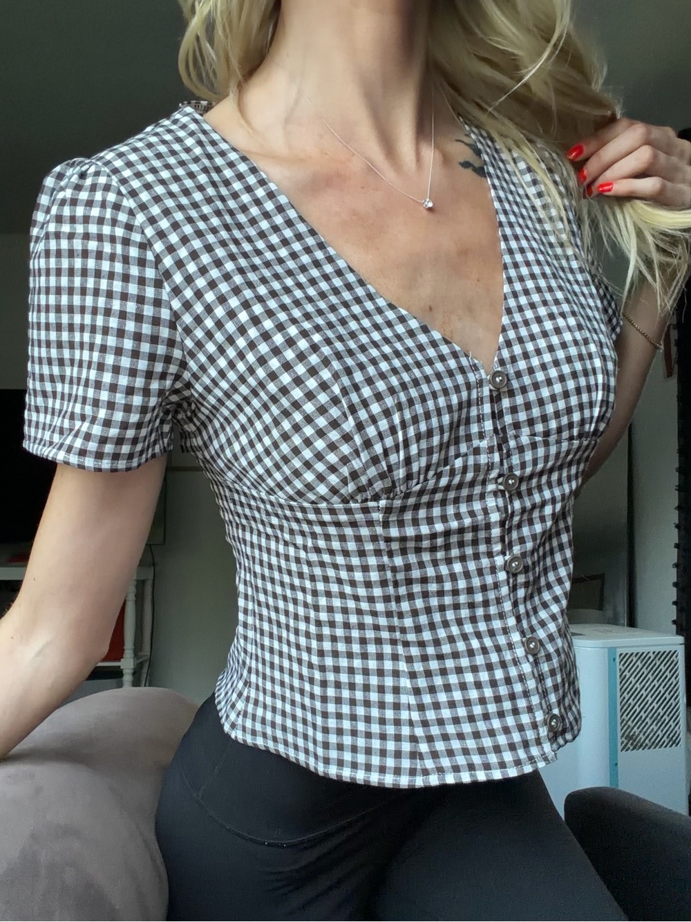 Brown Gingham Button-Front V-Neck Top - Women